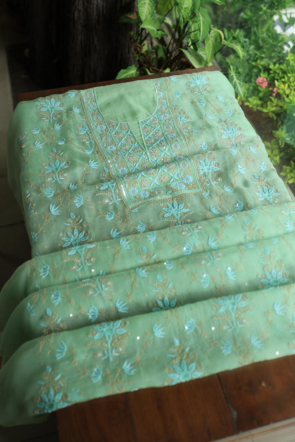 Sea Green Noor Organza Silk Chikankari With Kamdani Fabric