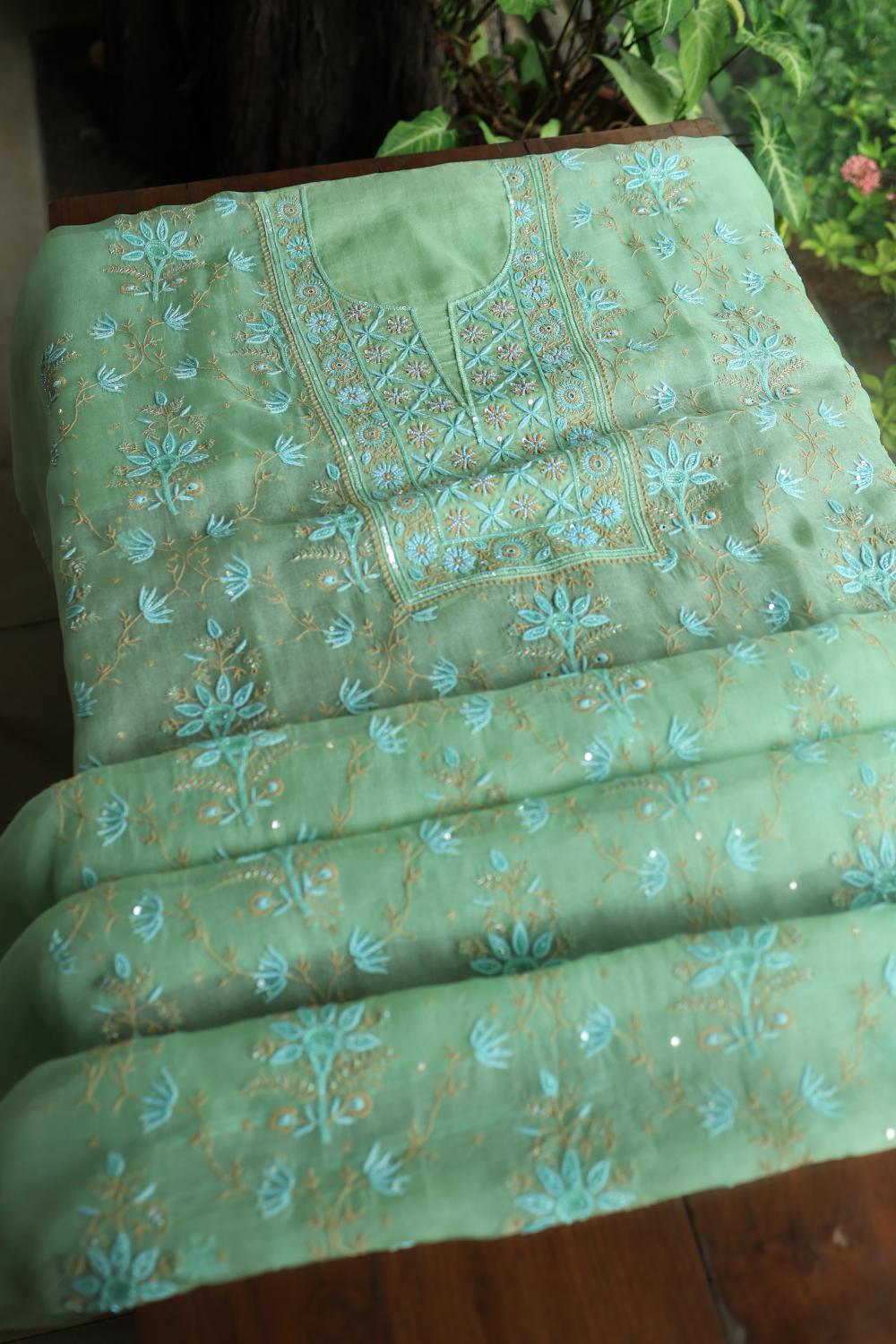 Sea Green Noor Organza Silk Chikankari With Kamdani Fabric