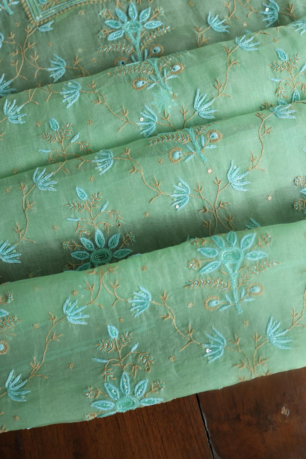 Sea Green Noor Organza Silk Chikankari With Kamdani Fabric