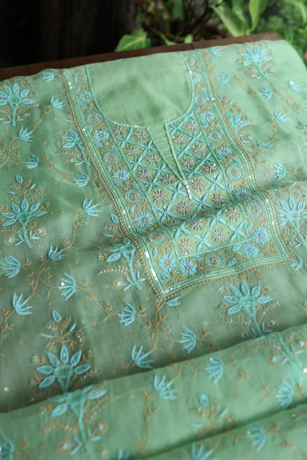 Sea Green Noor Organza Silk Chikankari With Kamdani Fabric
