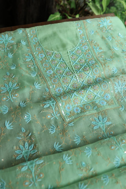 Sea Green Noor Organza Silk Chikankari With Kamdani Fabric
