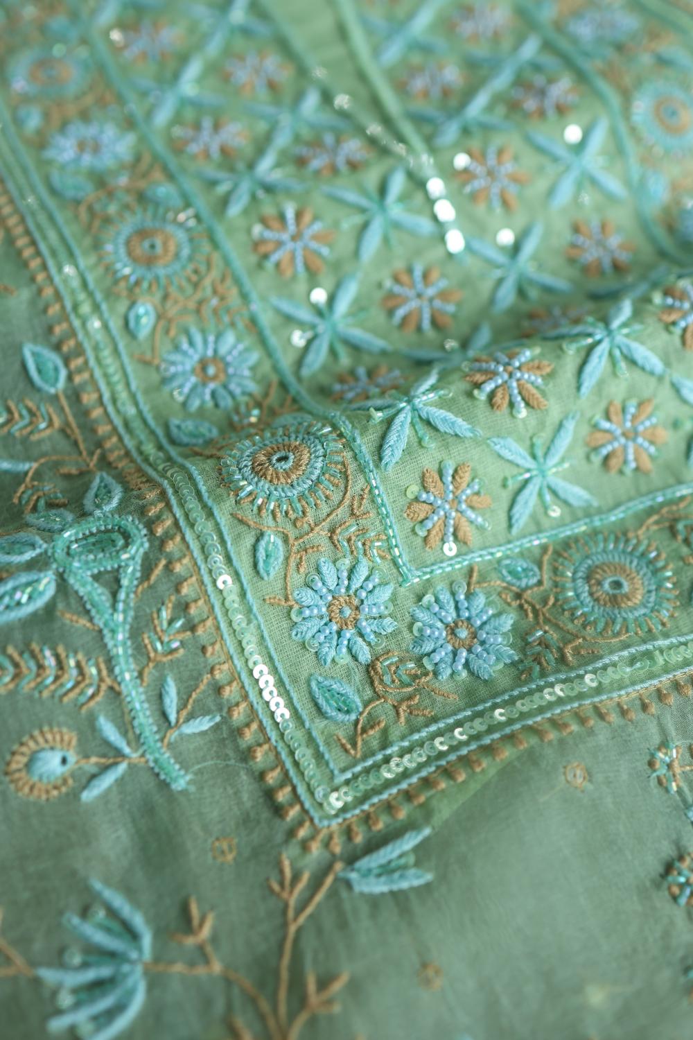Sea Green Noor Organza Silk Chikankari With Kamdani Fabric