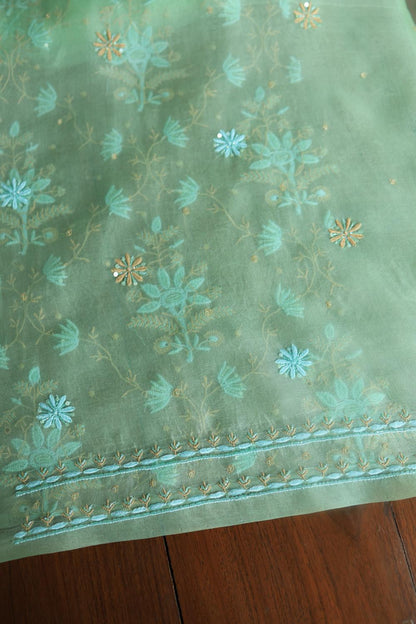 Sea Green Noor Organza Silk Chikankari With Kamdani Fabric