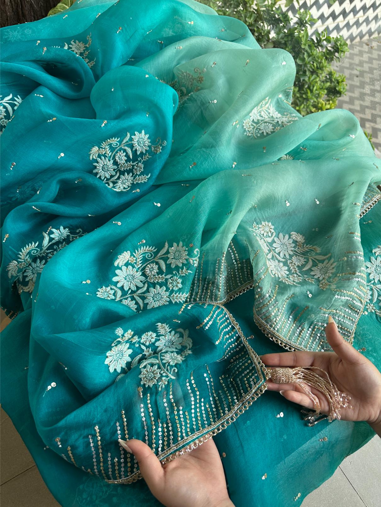 Sea Green Organza Saree with Ari Work, Highlight Border & Tassels