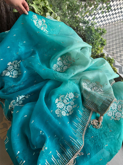 Sea Green Organza Saree with Ari Work, Highlight Border & Tassels
