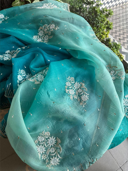 Sea Green Organza Saree with Ari Work, Highlight Border & Tassels