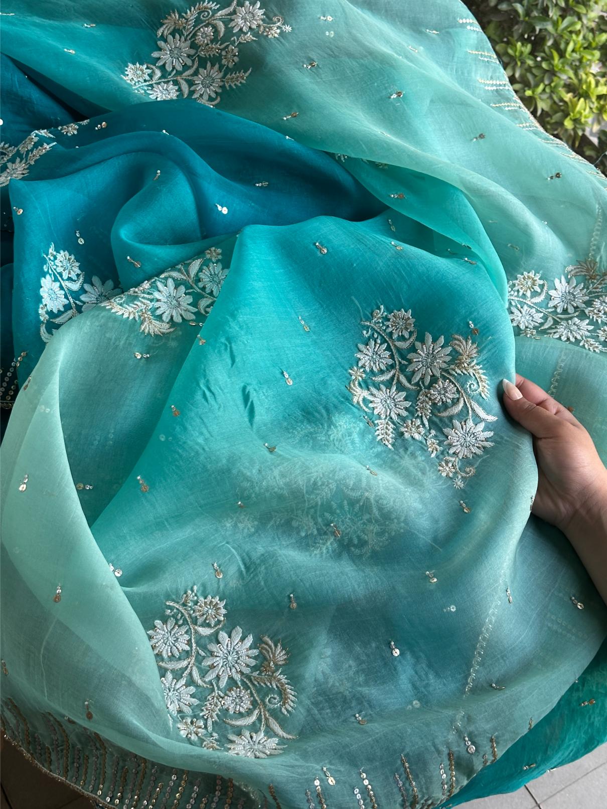 Sea Green Organza Saree with Ari Work, Highlight Border & Tassels