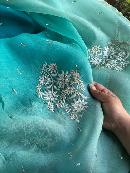 Sea Green Organza Saree with Ari Work, Highlight Border & Tassels