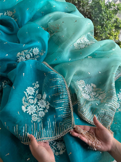 Sea Green Organza Saree with Ari Work, Highlight Border & Tassels