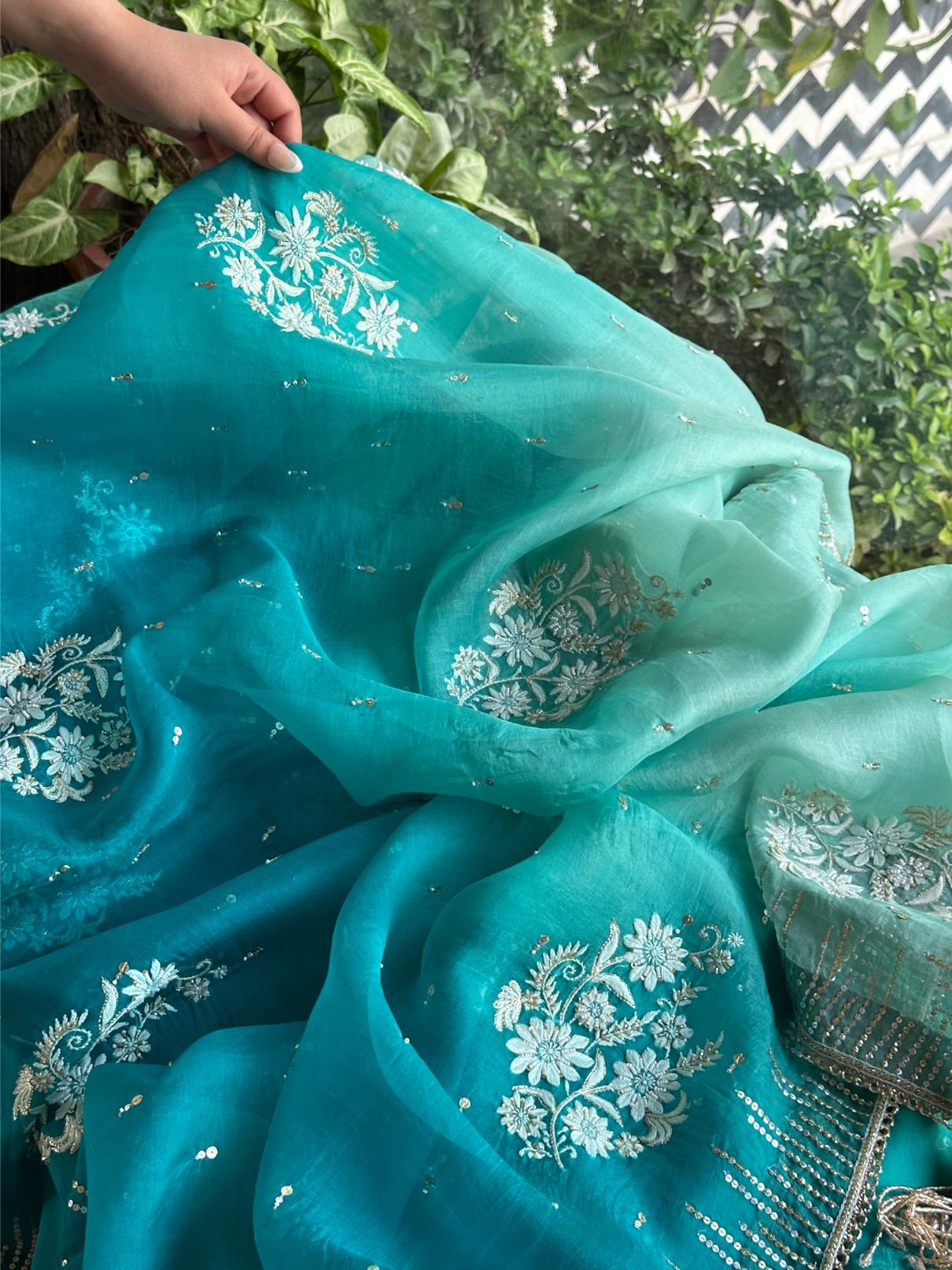 Sea Green Organza Saree with Ari Work, Highlight Border & Tassels