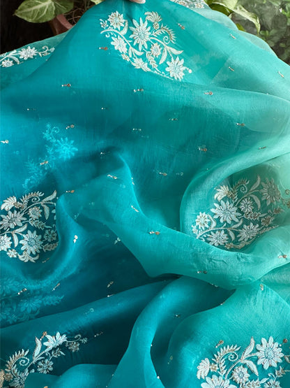 Sea Green Organza Saree with Ari Work, Highlight Border & Tassels