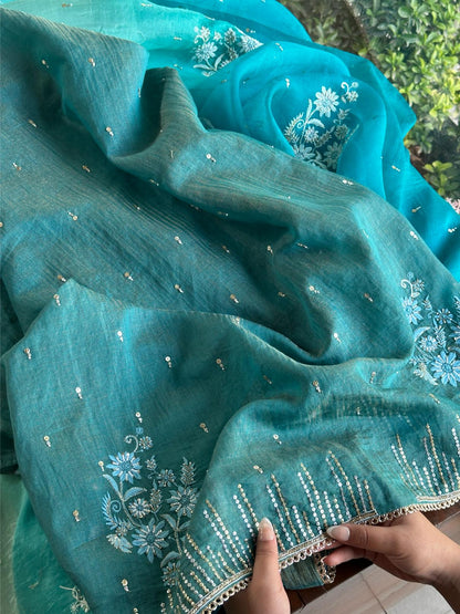 Sea Green Organza Saree with Ari Work, Highlight Border & Tassels