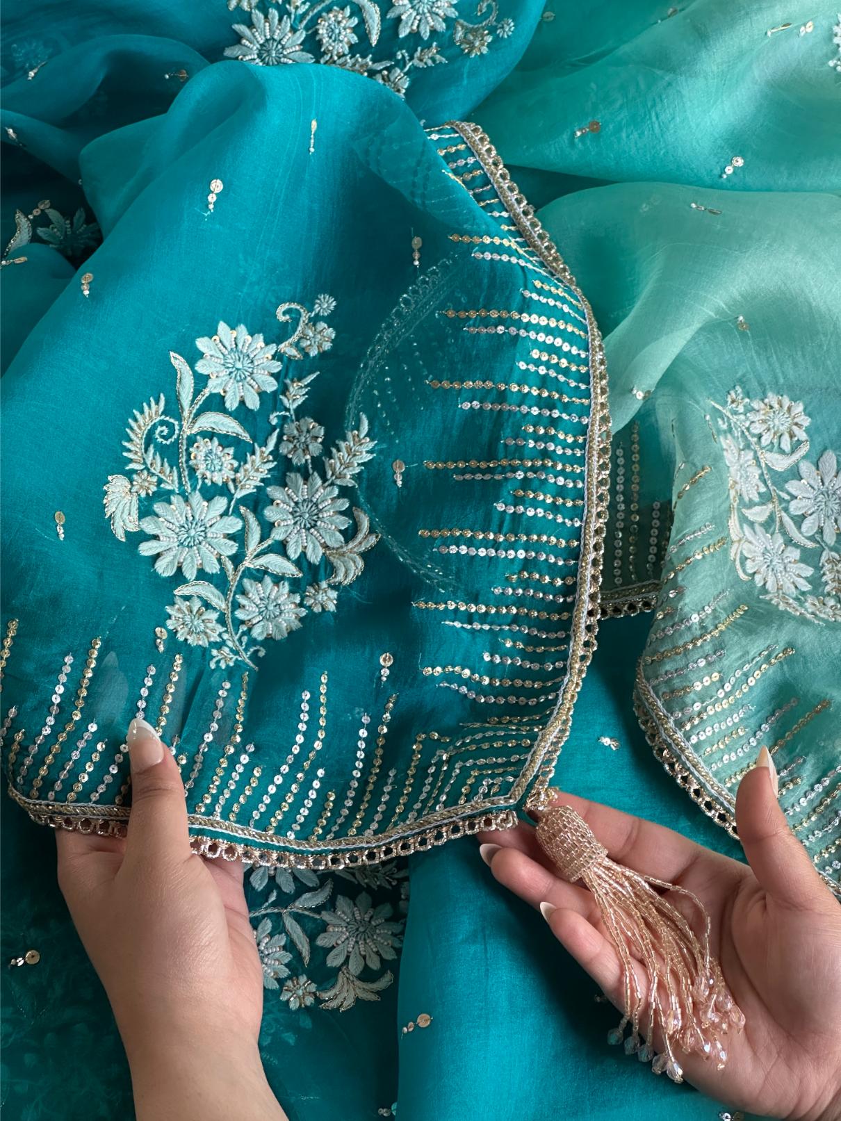 Sea Green Organza Saree with Ari Work, Highlight Border & Tassels