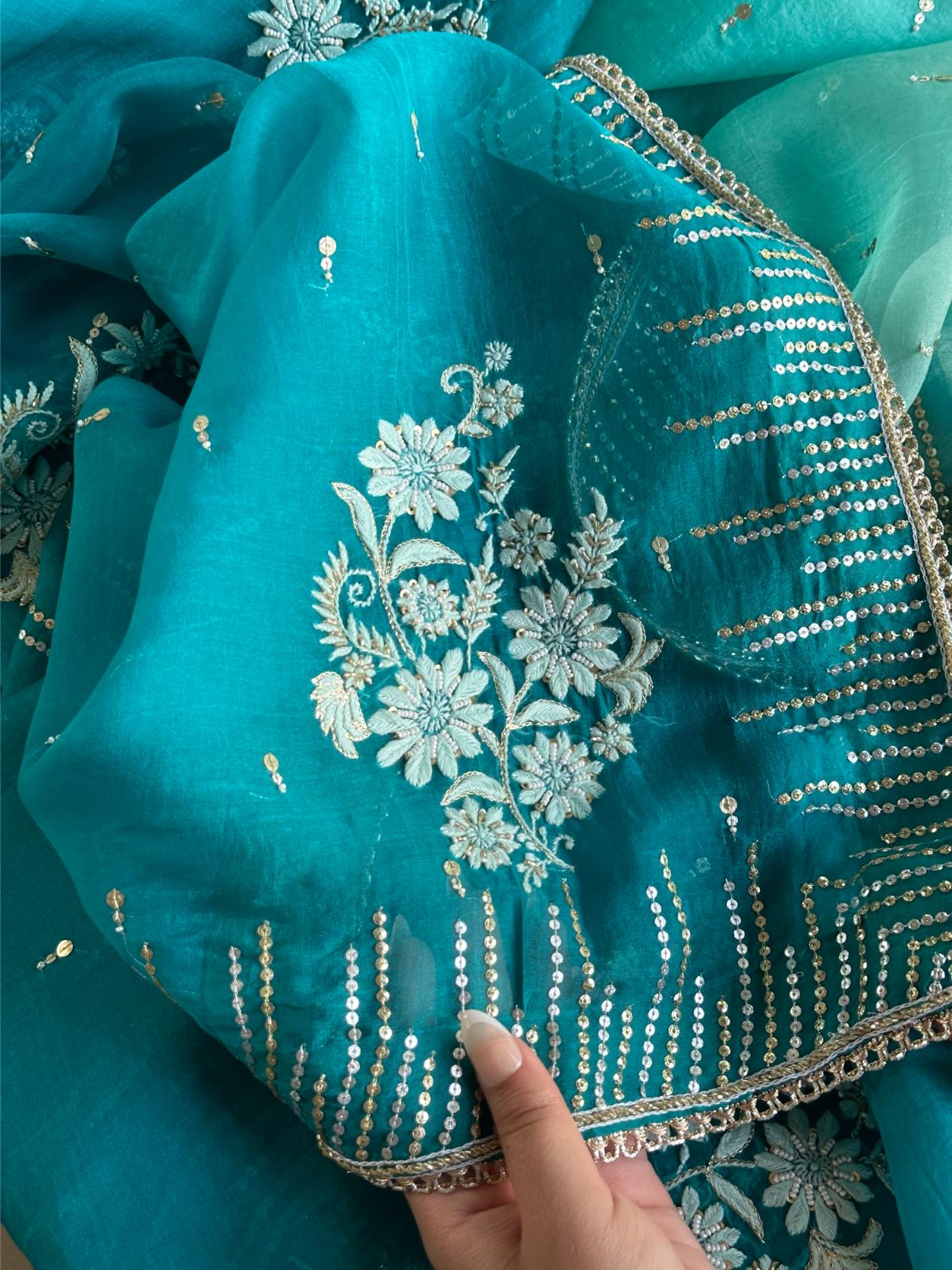 Sea Green Organza Saree with Ari Work, Highlight Border & Tassels