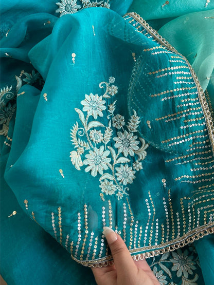 Sea Green Organza Saree with Ari Work, Highlight Border & Tassels