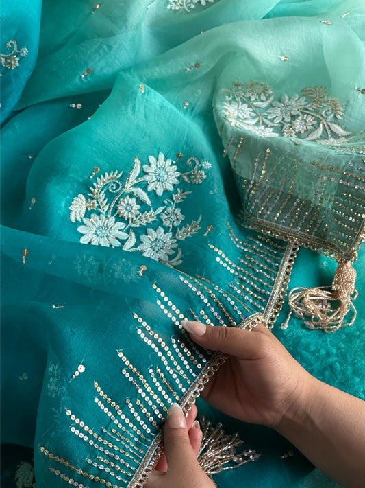 Sea Green Organza Saree with Ari Work, Highlight Border & Tassels