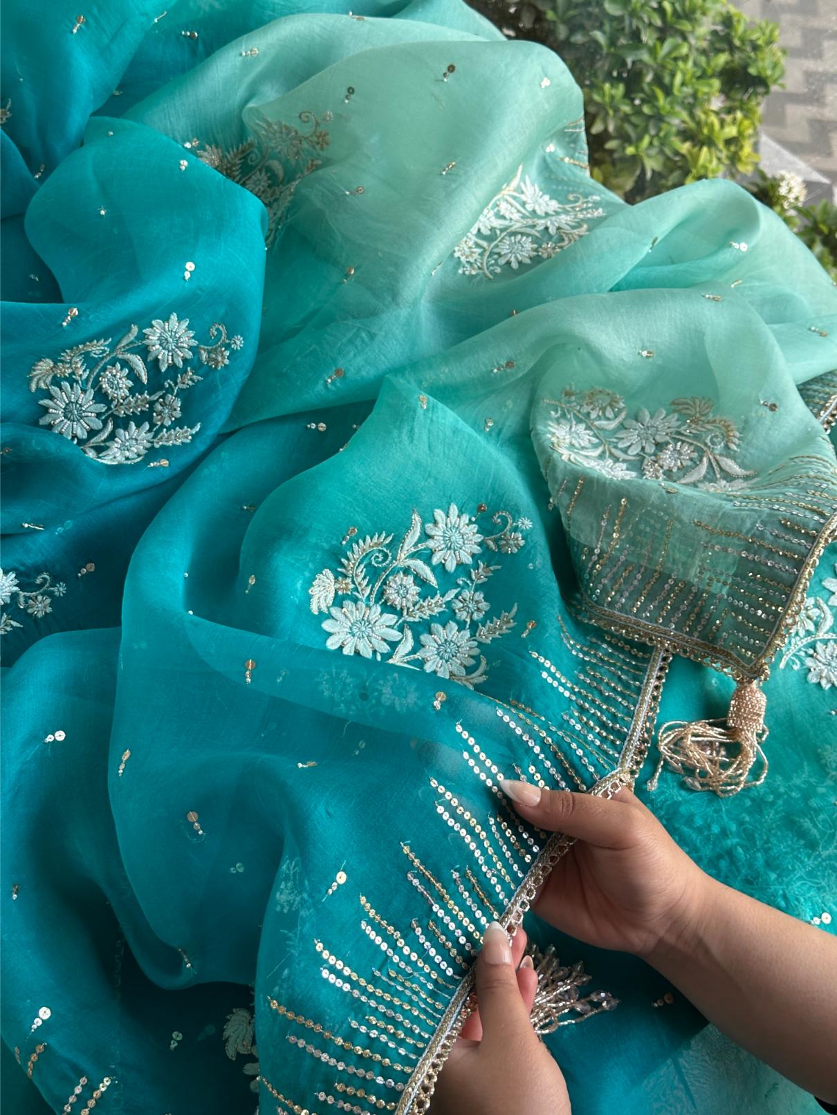 Sea Green Organza Saree with Ari Work, Highlight Border & Tassels