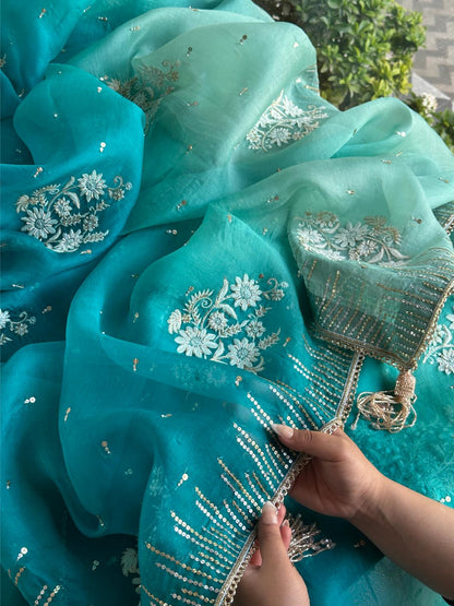 Sea Green Organza Saree with Ari Work, Highlight Border & Tassels