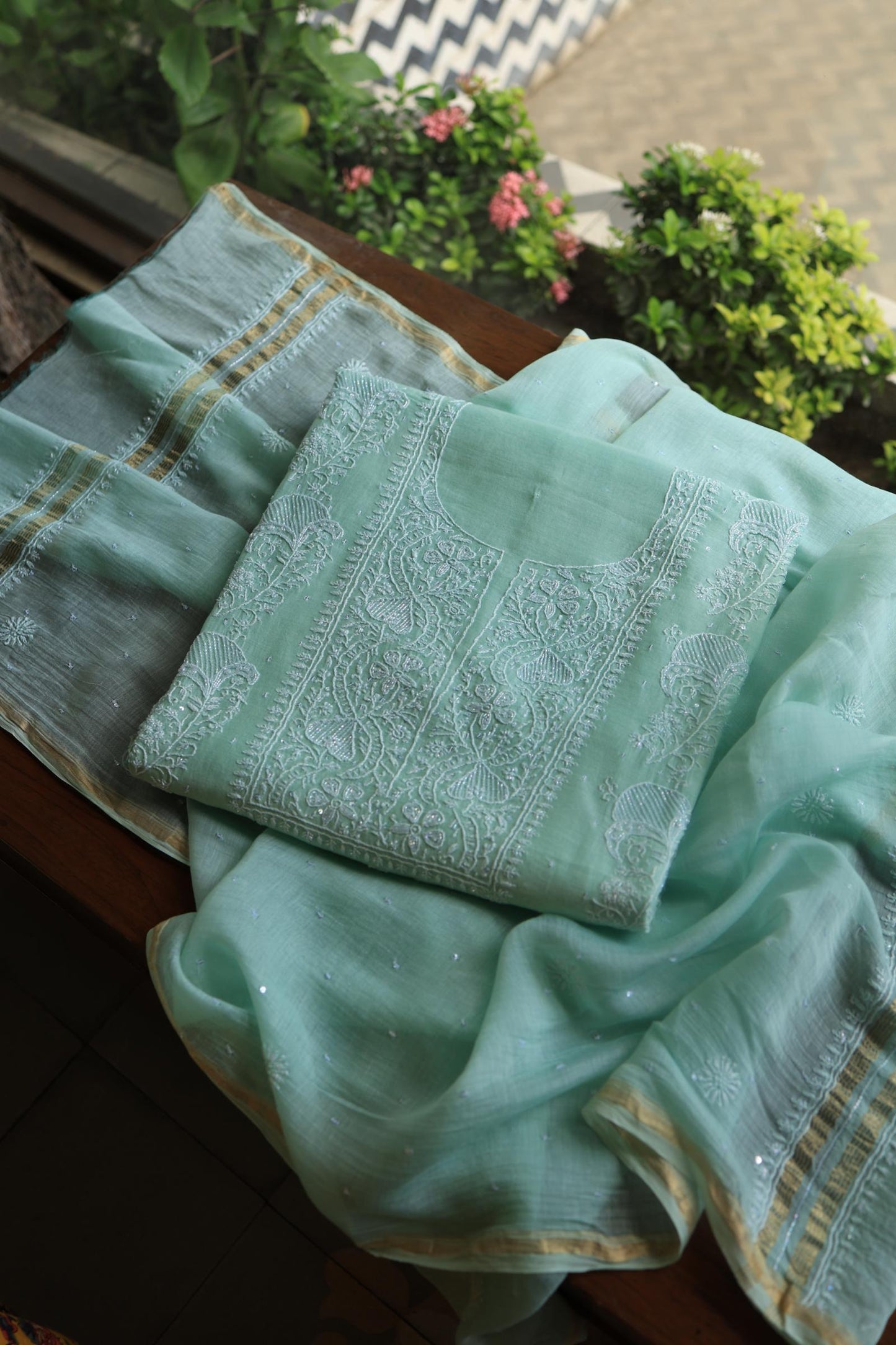 Sea Green Peach Malmals Pearl Work Chikankari Fabrics
