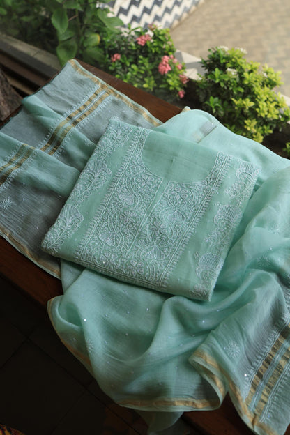 Sea Green Peach Malmals Pearl Work Chikankari Fabrics