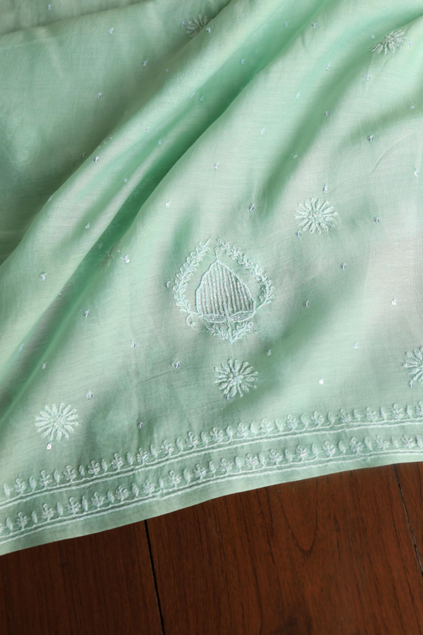 Sea Green Peach Malmals Pearl Work Chikankari Fabrics