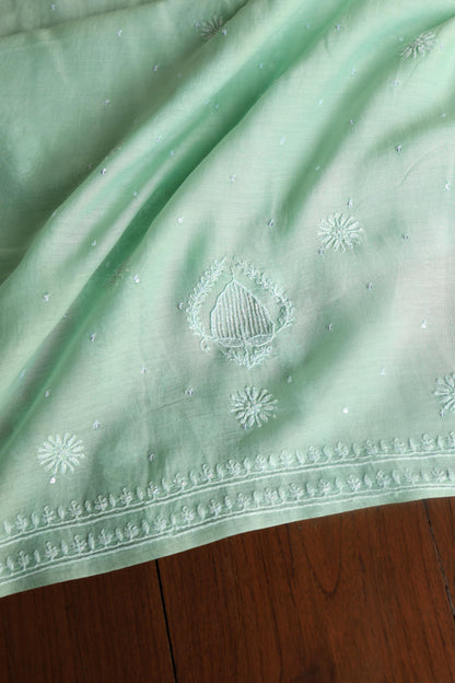 Sea Green Peach Malmals Pearl Work Chikankari Fabrics