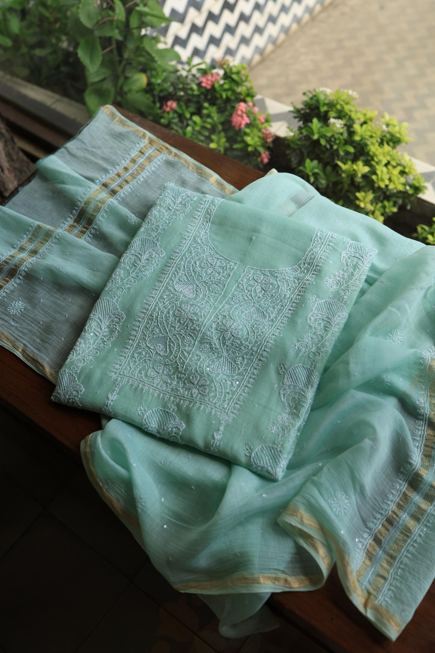 Sea Green Peach Malmals Pearl Work Chikankari Fabrics
