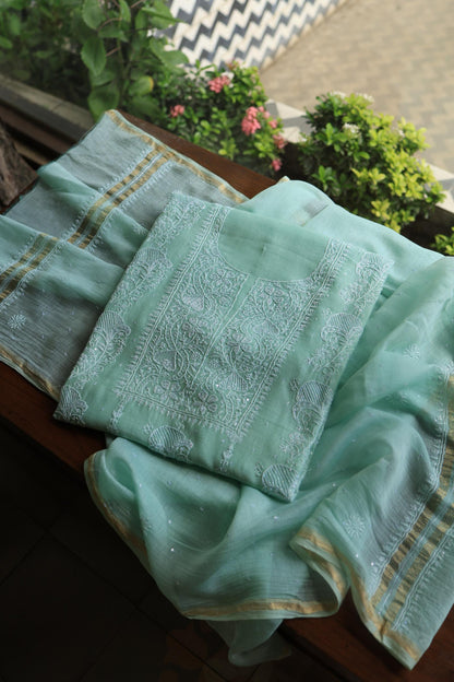 Sea Green Peach Malmals Pearl Work Chikankari Fabrics