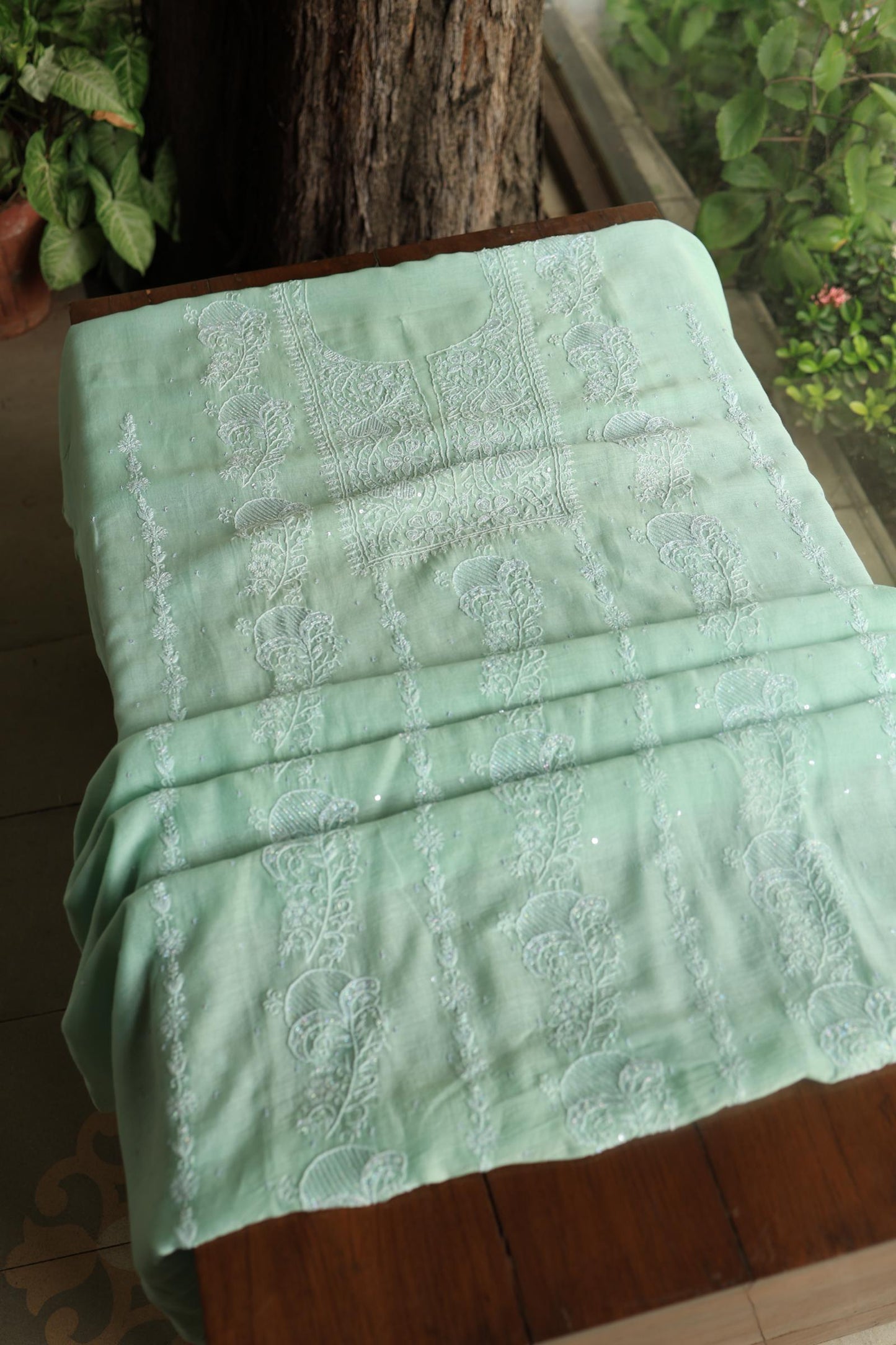Sea Green Peach Malmals Pearl Work Chikankari Fabrics