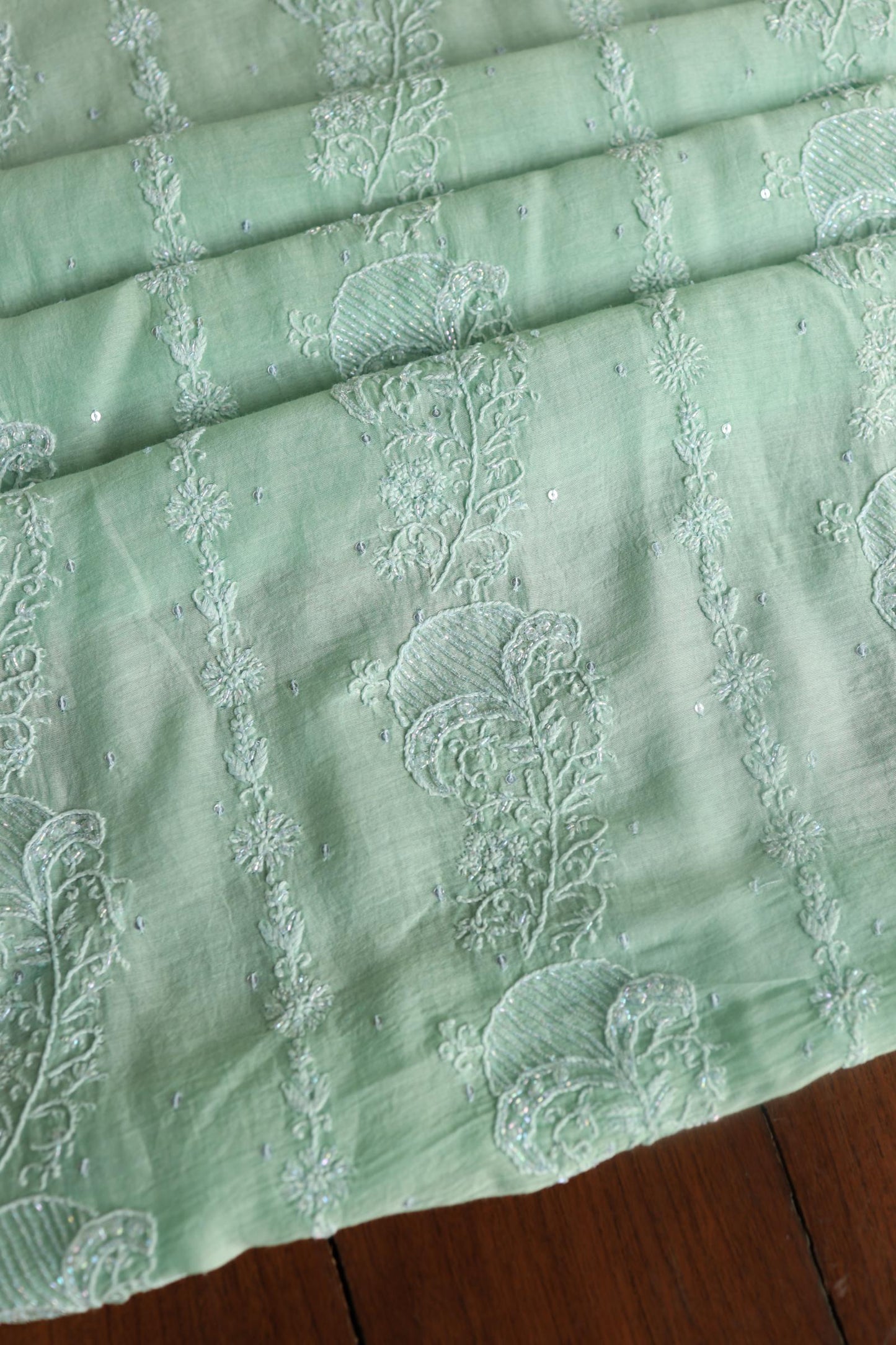 Sea Green Peach Malmals Pearl Work Chikankari Fabrics