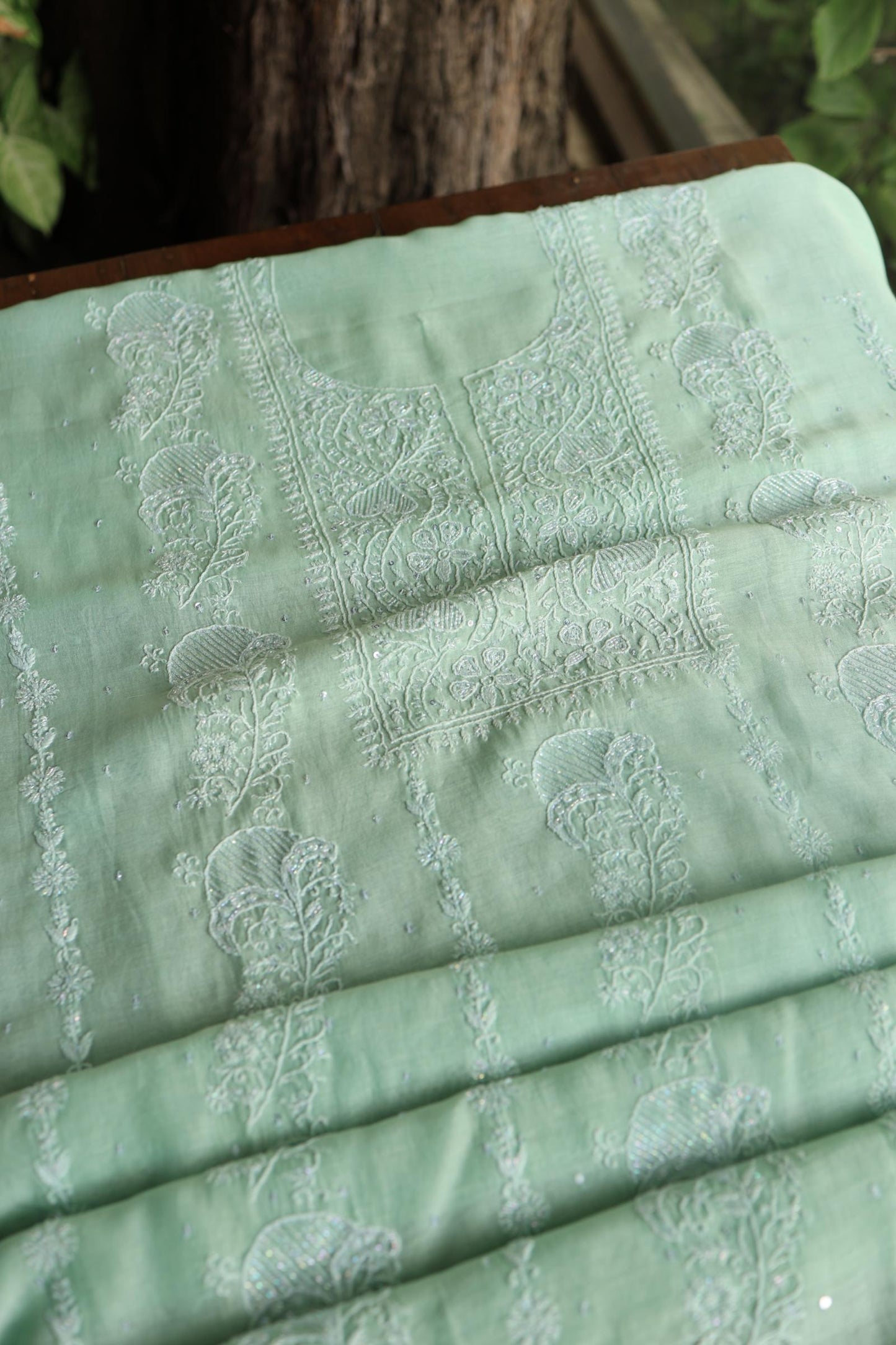 Sea Green Peach Malmals Pearl Work Chikankari Fabrics