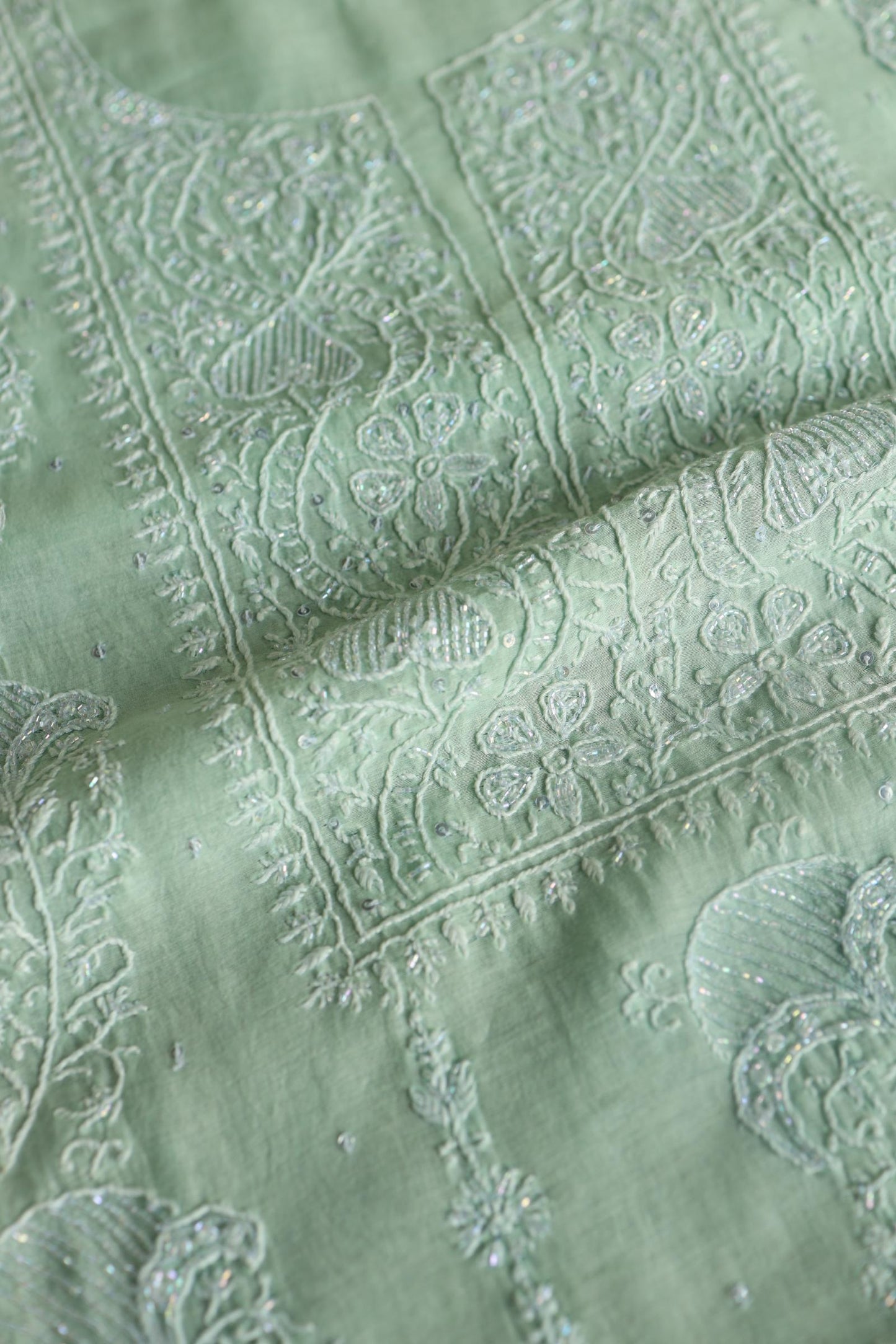 Sea Green Peach Malmals Pearl Work Chikankari Fabrics