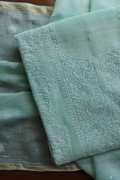 Sea Green Peach Malmals Pearl Work Chikankari Fabrics