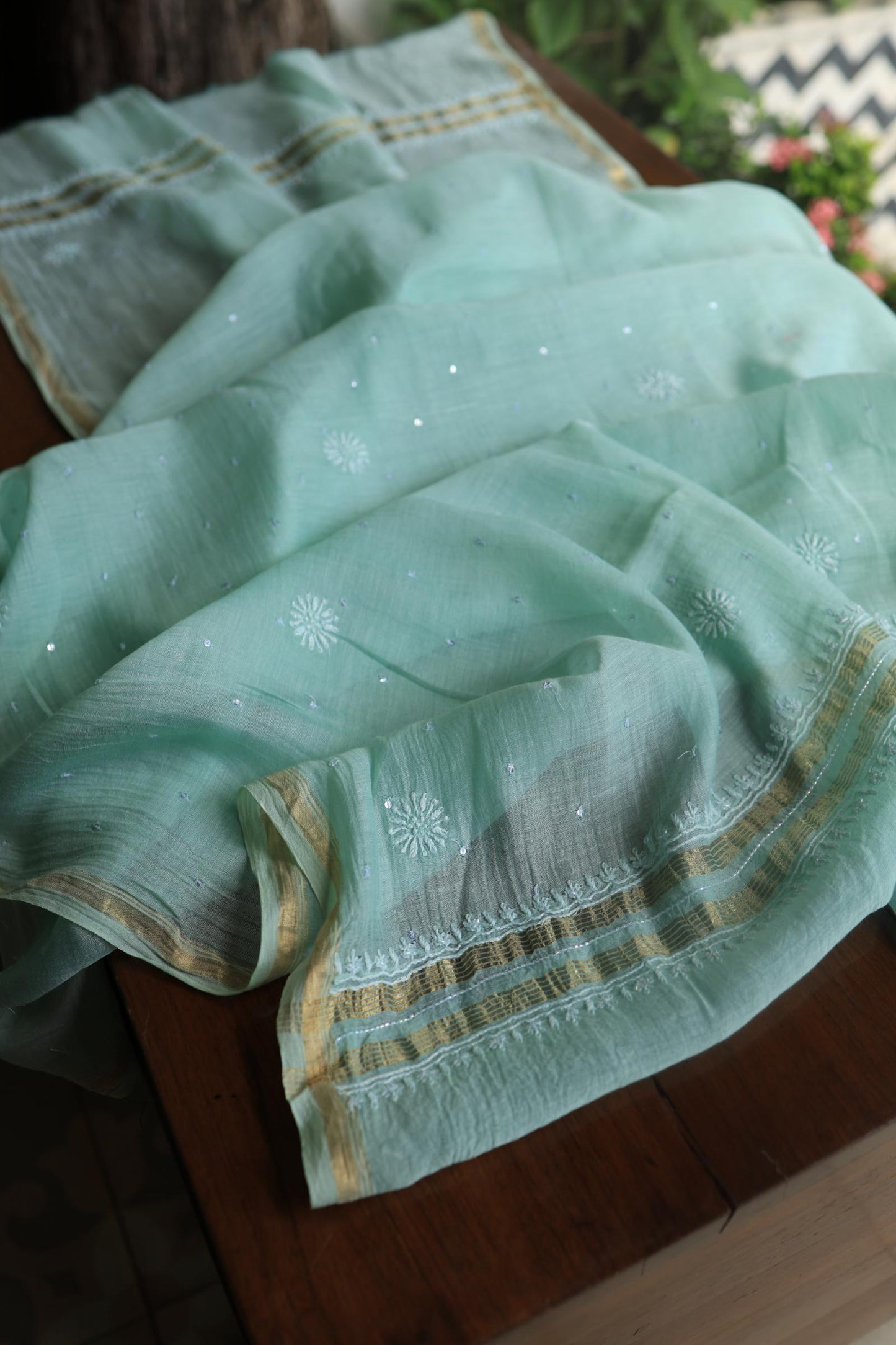 Sea Green Peach Malmals Pearl Work Chikankari Fabrics