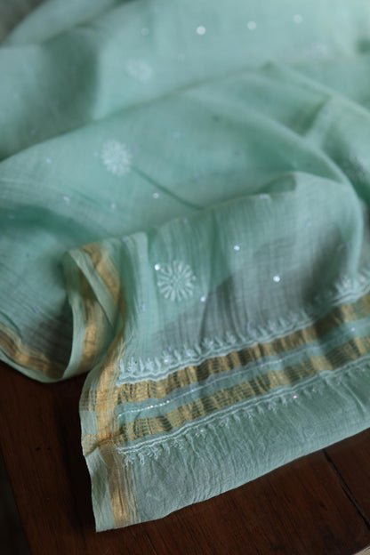 Sea Green Peach Malmals Pearl Work Chikankari Fabrics