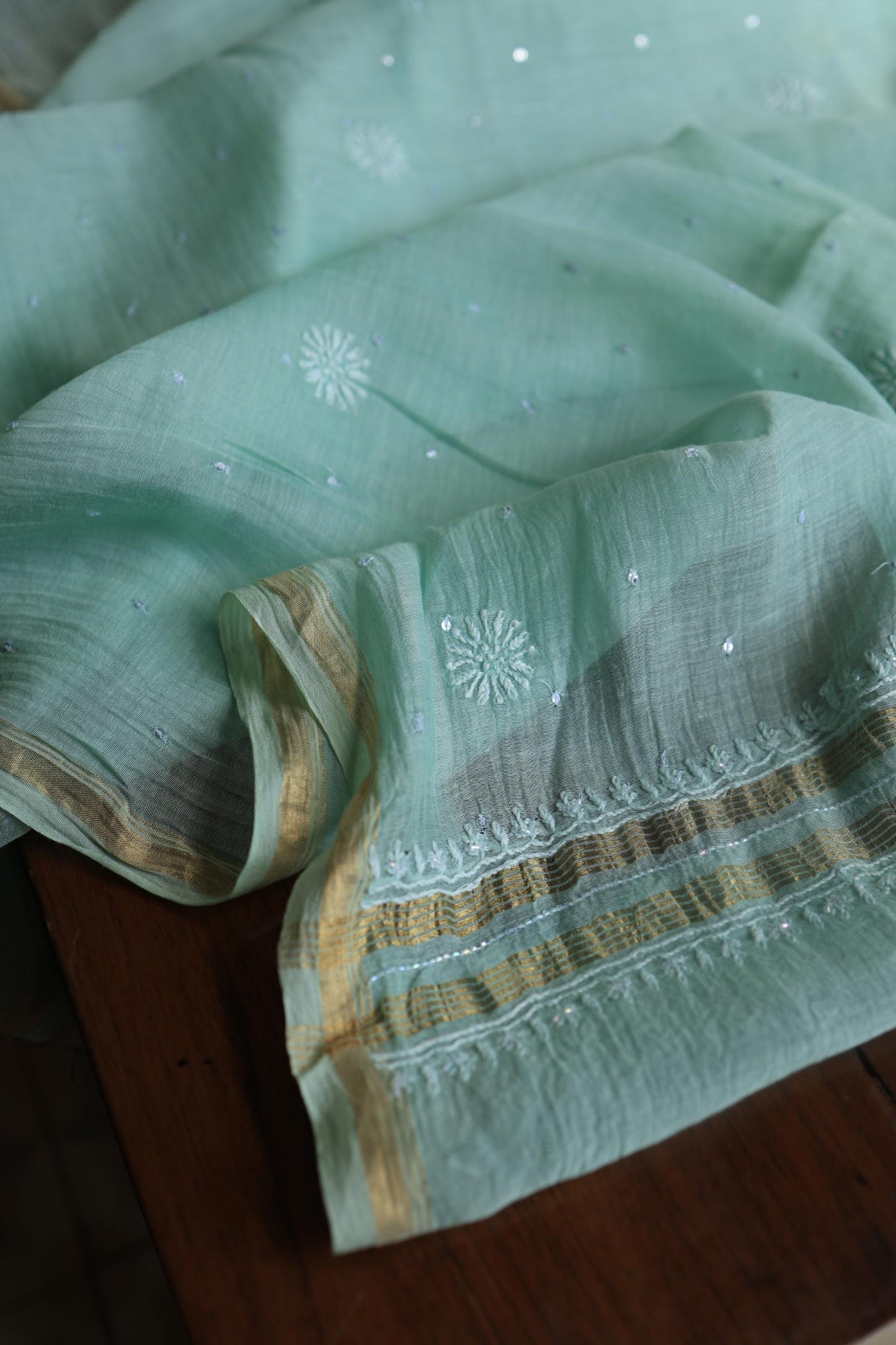 Sea Green Peach Malmals Pearl Work Chikankari Fabrics