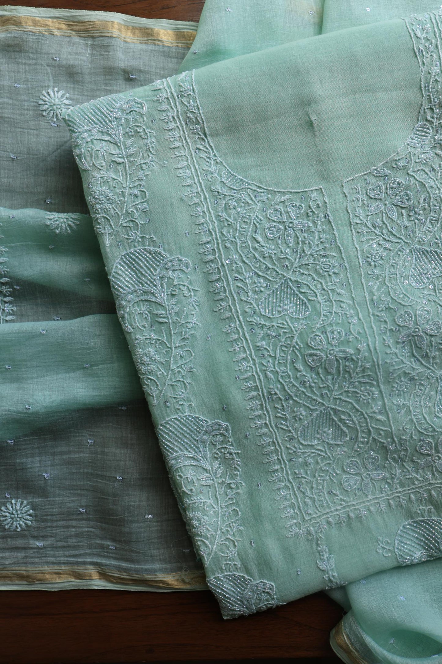 Sea Green Peach Malmals Pearl Work Chikankari Fabrics