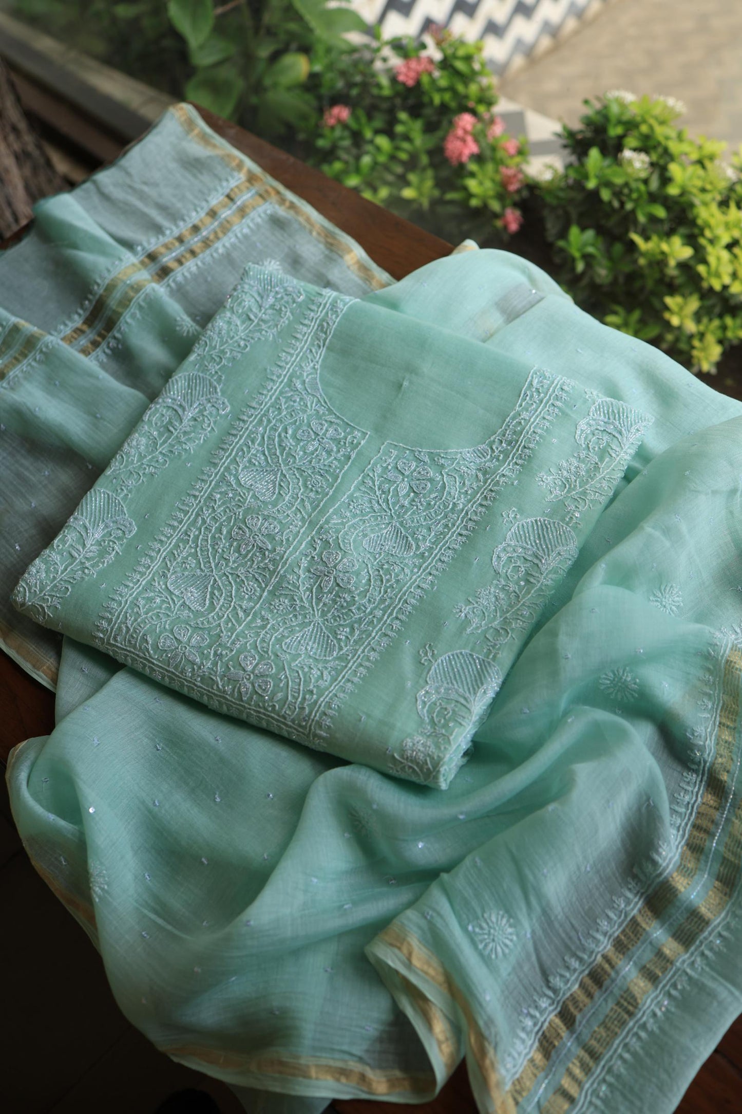 Sea Green Peach Malmals Pearl Work Chikankari Fabrics