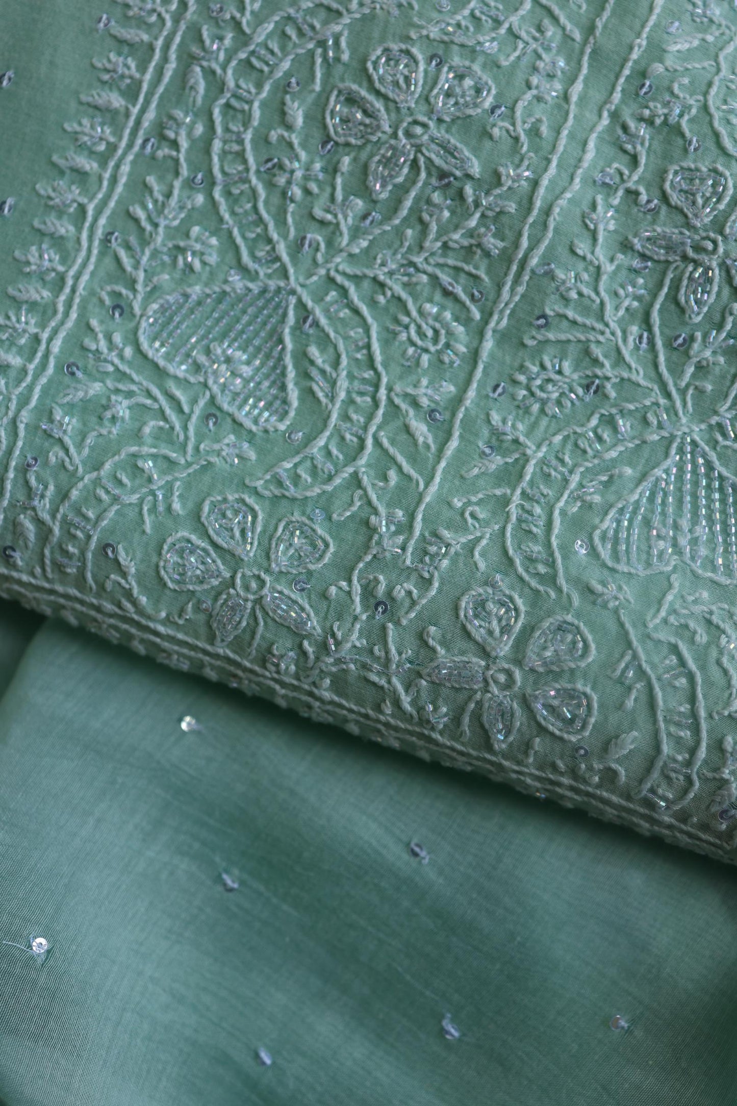 Sea Green Peach Malmals Pearl Work Chikankari Fabrics