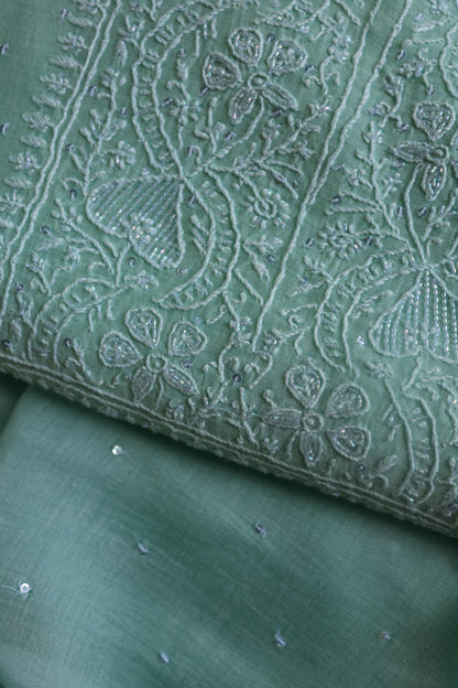 Sea Green Peach Malmals Pearl Work Chikankari Fabrics
