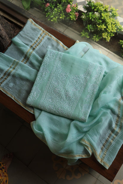 Sea Green Peach Malmals Pearl Work Chikankari Fabrics
