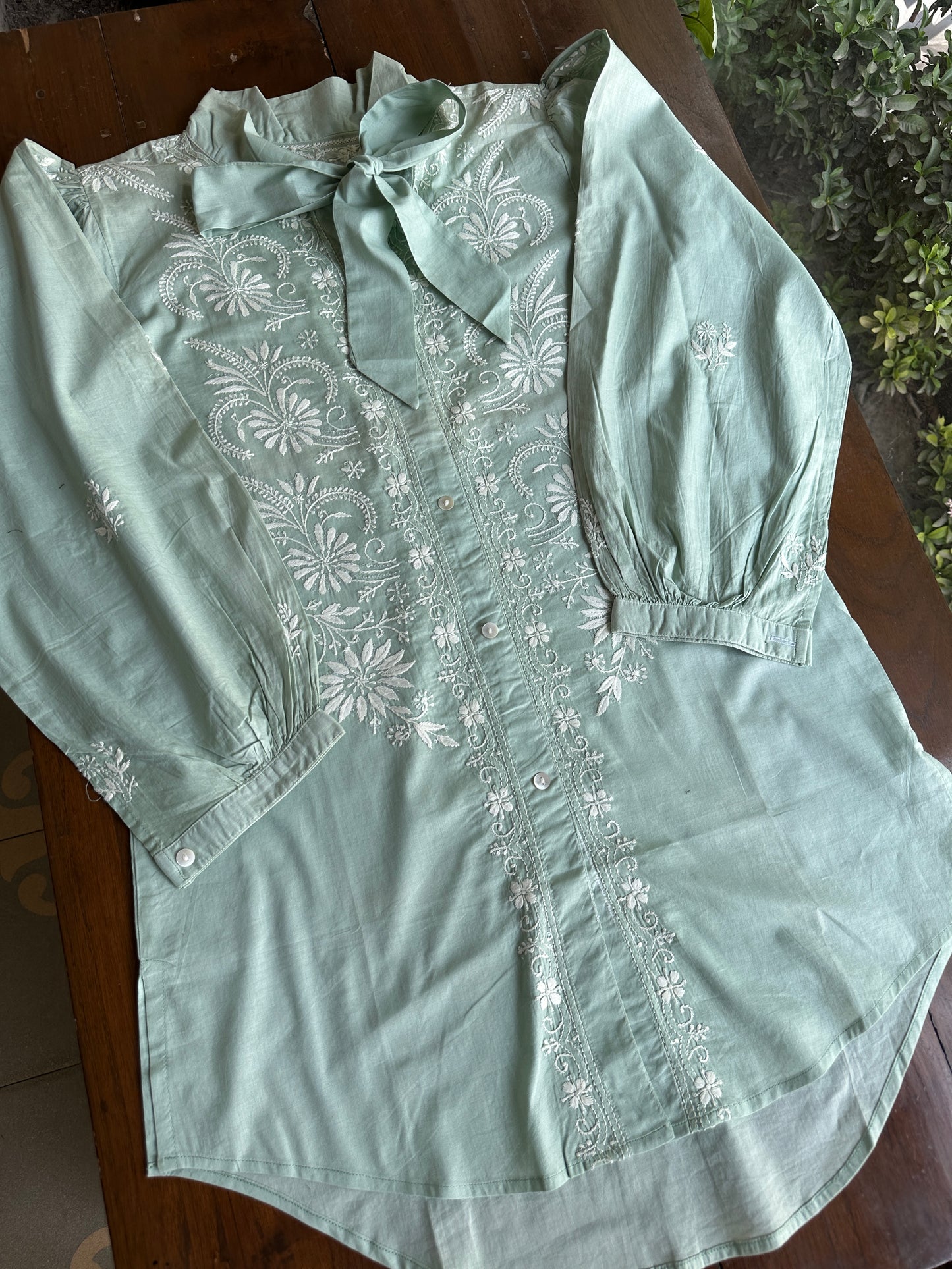 Sea Green Shade Chikankari Short Shirt