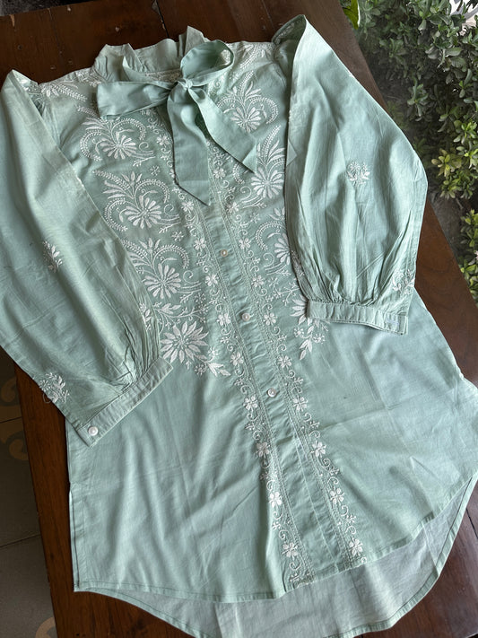 Sea Green Shade Chikankari Short Shirt