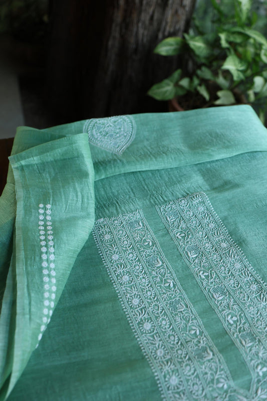 Sea Green Shade Linen Chikankari Unstitched Men's Kurtas Fabric