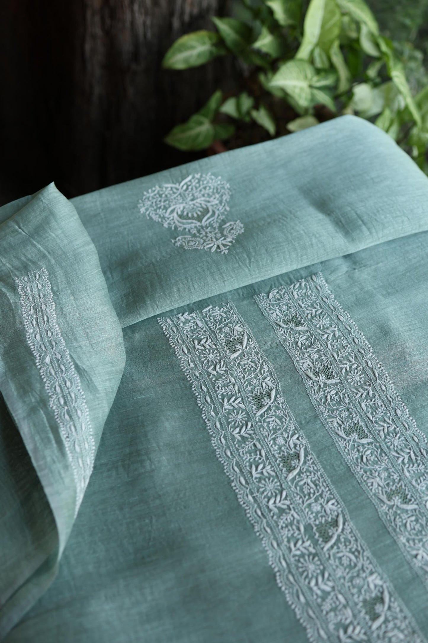 Sea Green Shade Linen Chikankari Unstitched Men's Kurtas Fabric