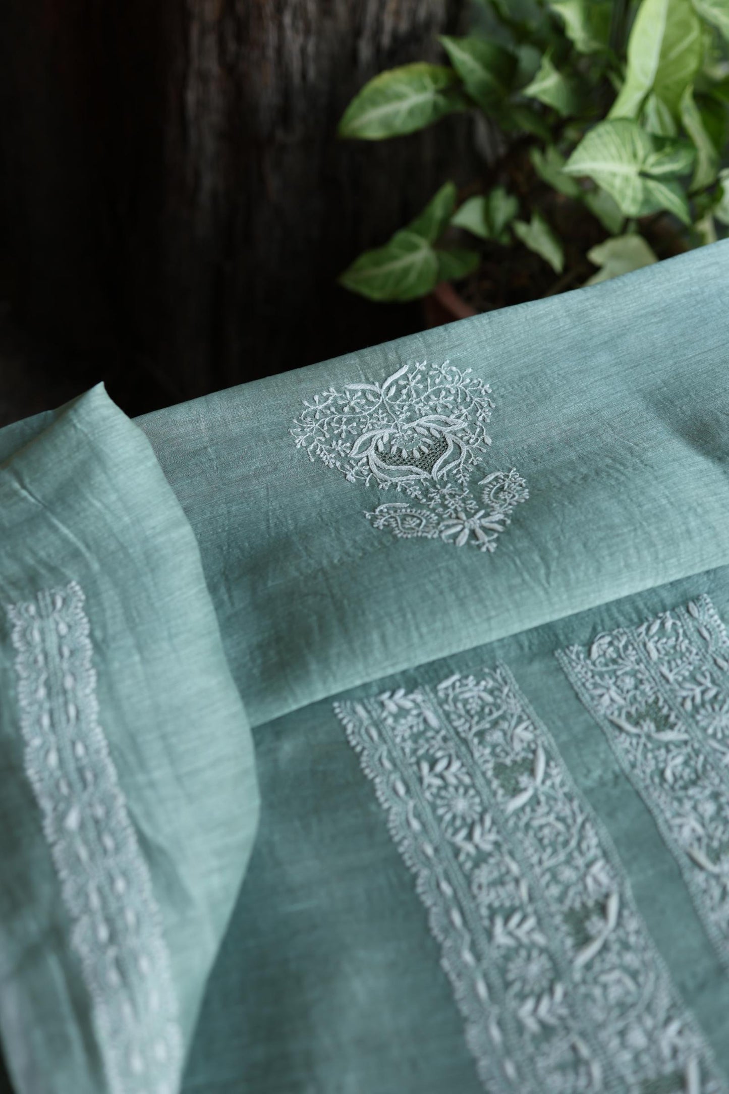Sea Green Shade Linen Chikankari Unstitched Men's Kurtas Fabric