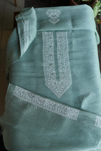 Sea Green Shade Linen Chikankari Unstitched Men's Kurtas Fabric