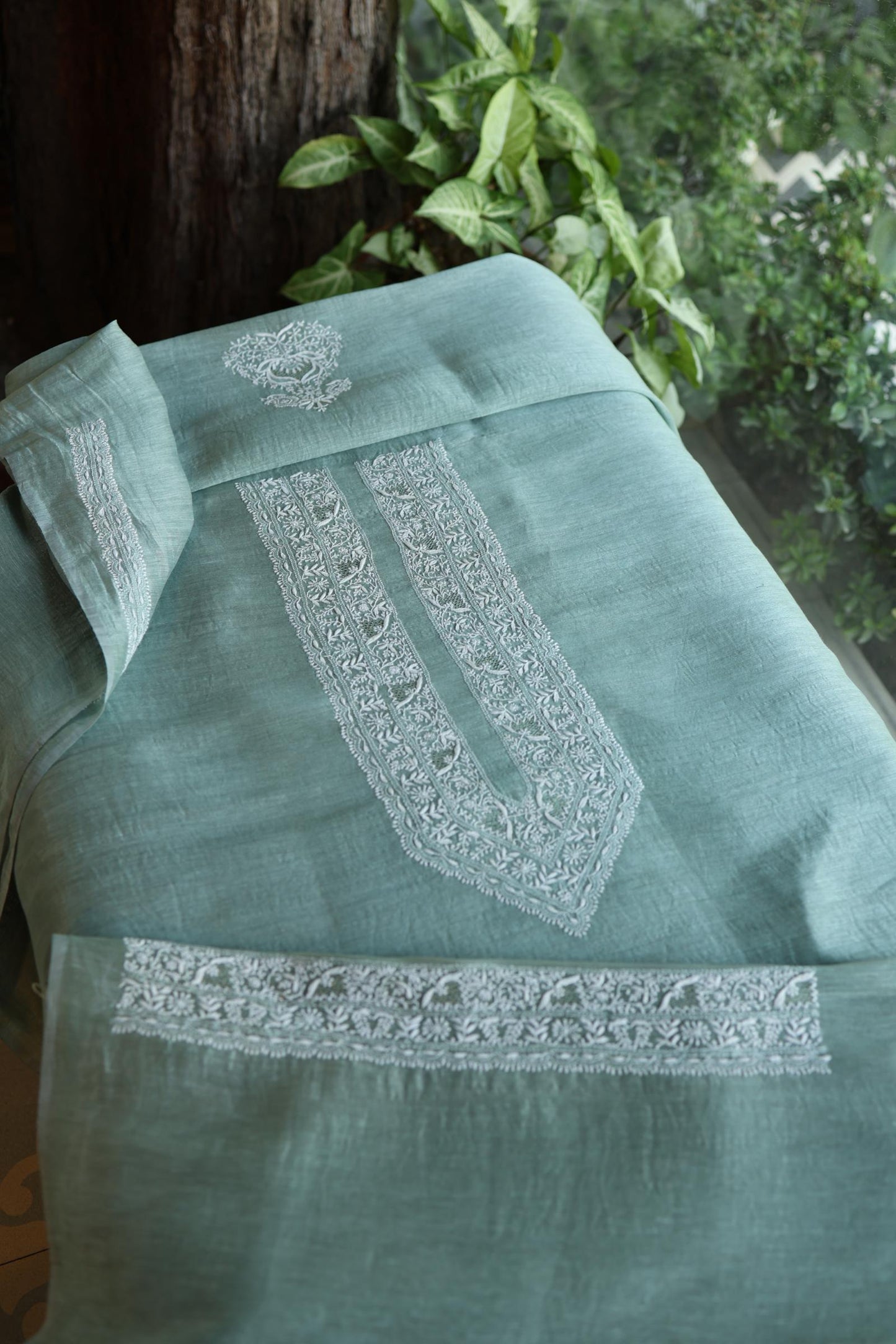 Sea Green Shade Linen Chikankari Unstitched Men's Kurtas Fabric