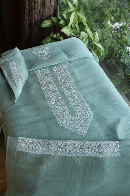 Sea Green Shade Linen Chikankari Unstitched Men's Kurtas Fabric