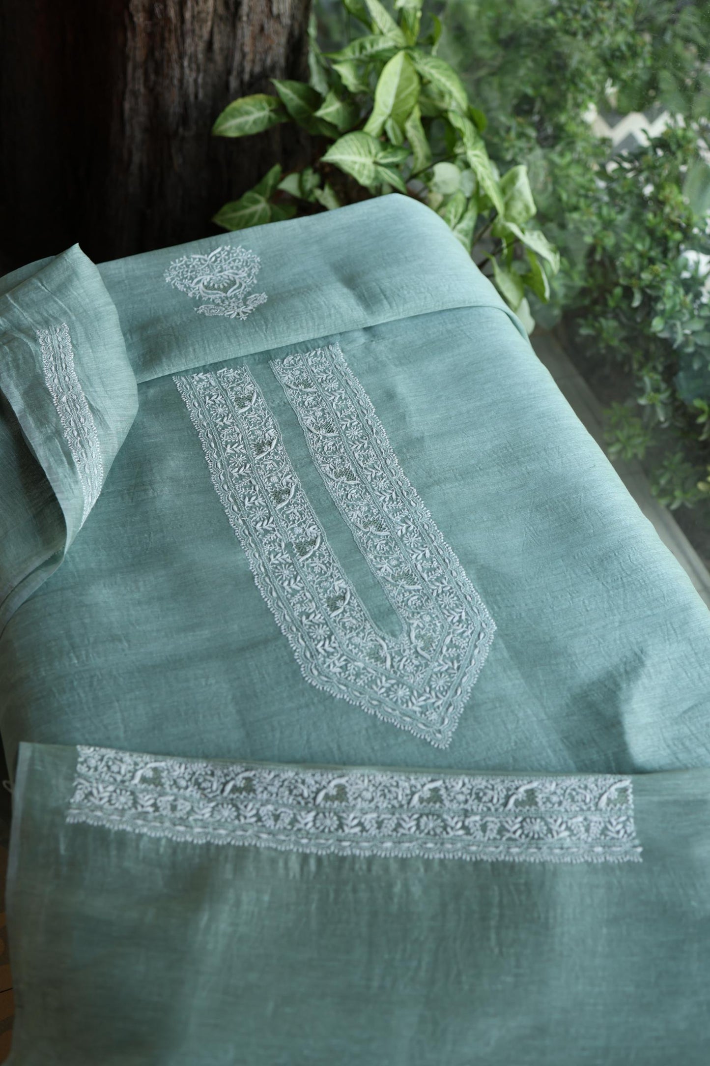 Sea Green Shade Linen Chikankari Unstitched Men's Kurtas Fabric